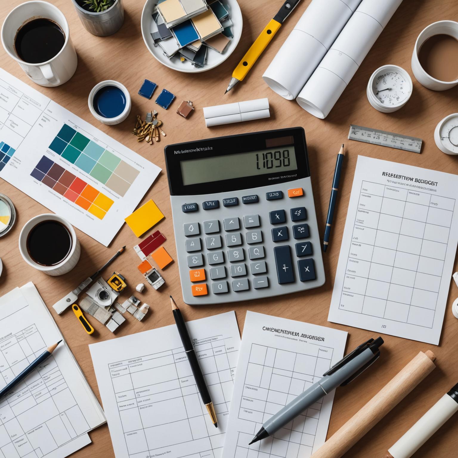 Renovation budget planning with calculator and floor plan