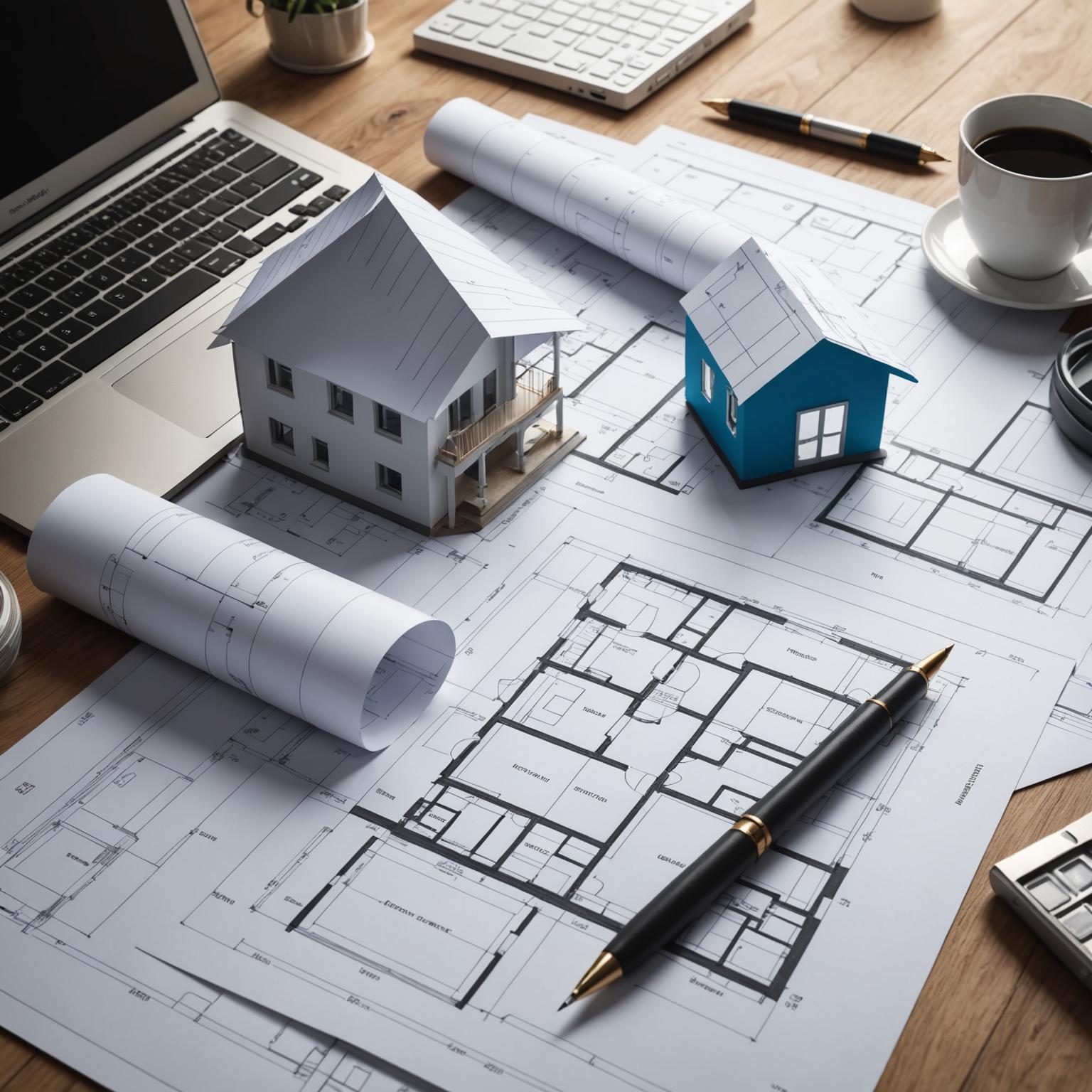 Architectural blueprints and renovation plans spread across a desk