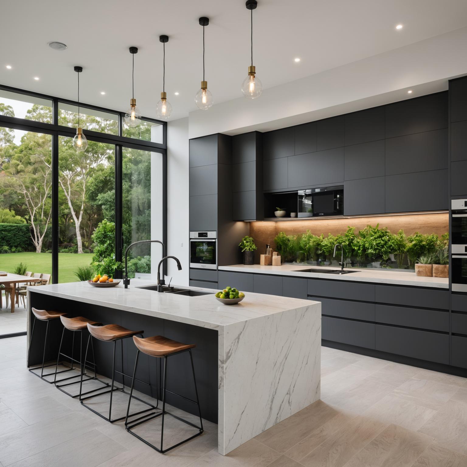 Modern kitchen remodel by Mammateur featuring custom cabinetry and stone benchtops